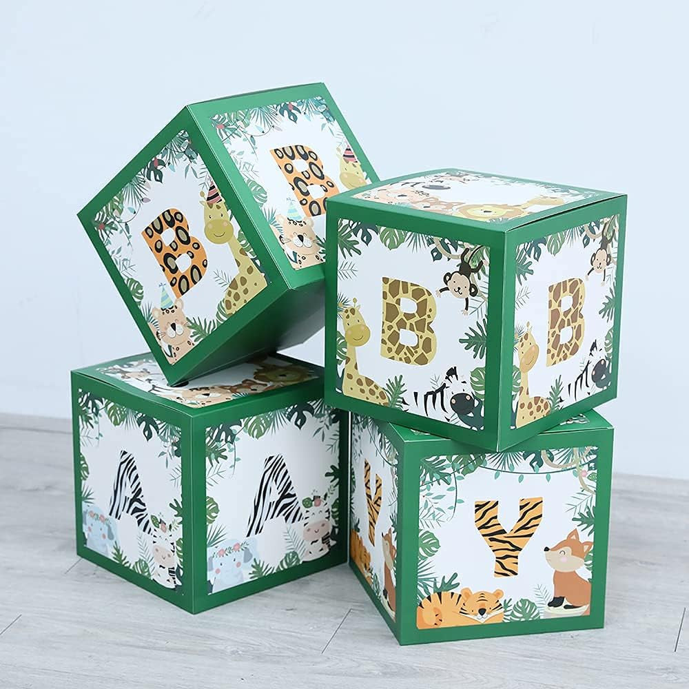 12" Baby Shower Safari Jungle Animal Box Set of 4 Baby Block Boxes