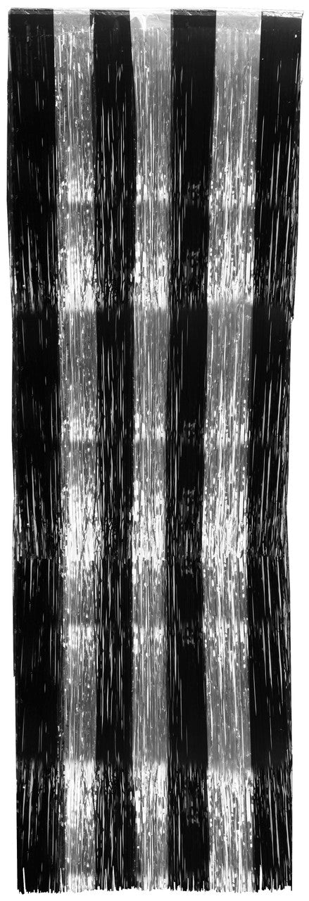 Metallic Silver & Black Foil Doorway Tinsel Curtain Backdrop 8ft x 37" Decor