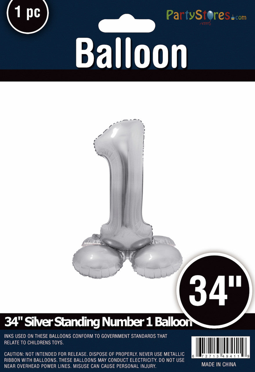 34" Silver Standing Number 1 Balloon Air-Fill ONLY