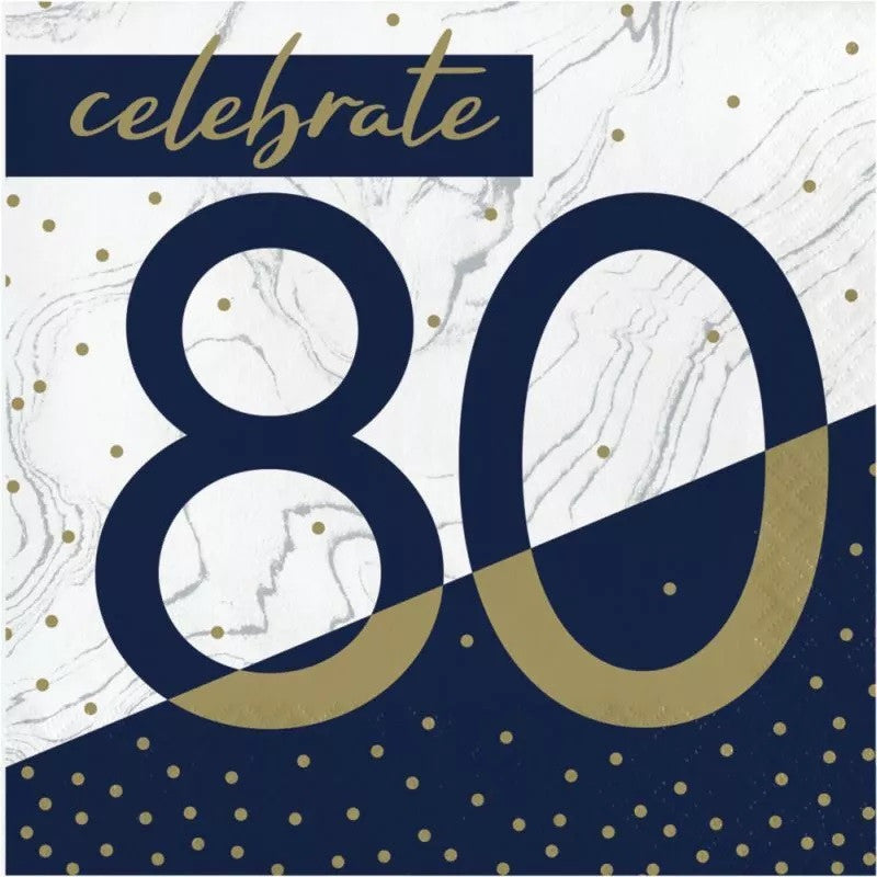 Navy & Gold Milestone 80th Birthday Lunch Napkins Paper 6.5" x 6.5" 16/CT