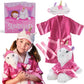 4-piece set includes and adorable unicorn stuffed animal, child's unicorn sleep mask, child's satin spa robe and a storybook.