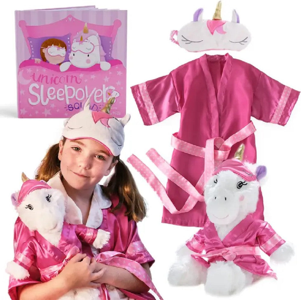 4-piece set includes and adorable unicorn stuffed animal, child's unicorn sleep mask, child's satin spa robe and a storybook.