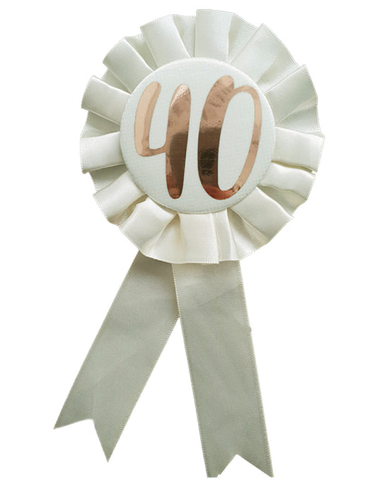 40th Birthday Metallic Rose Gold & Ivory Rosette Party Badge Ribbon B-Day