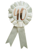 40th Birthday Metallic Rose Gold & Ivory Rosette Party Badge Ribbon B-Day