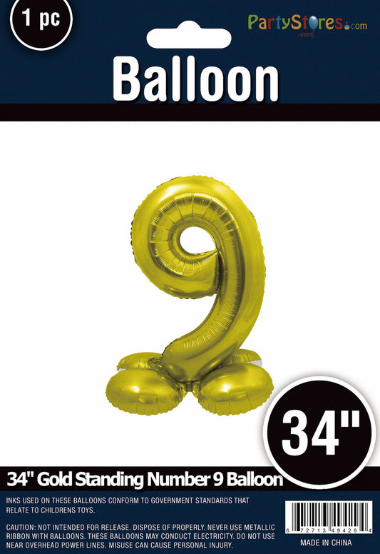 34" Gold Standing Number 9 Balloon Air-Fill ONLY
