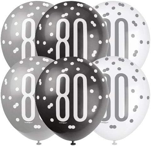 Age 80 Black Silver White Glitz Birthday Latex Balloons