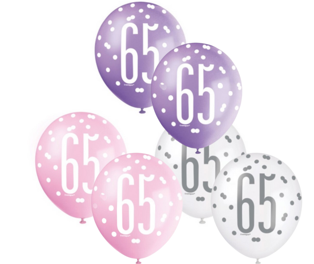 Age 65 Rose Rose Pink Purple White Glitz Birthday Latex Balloons