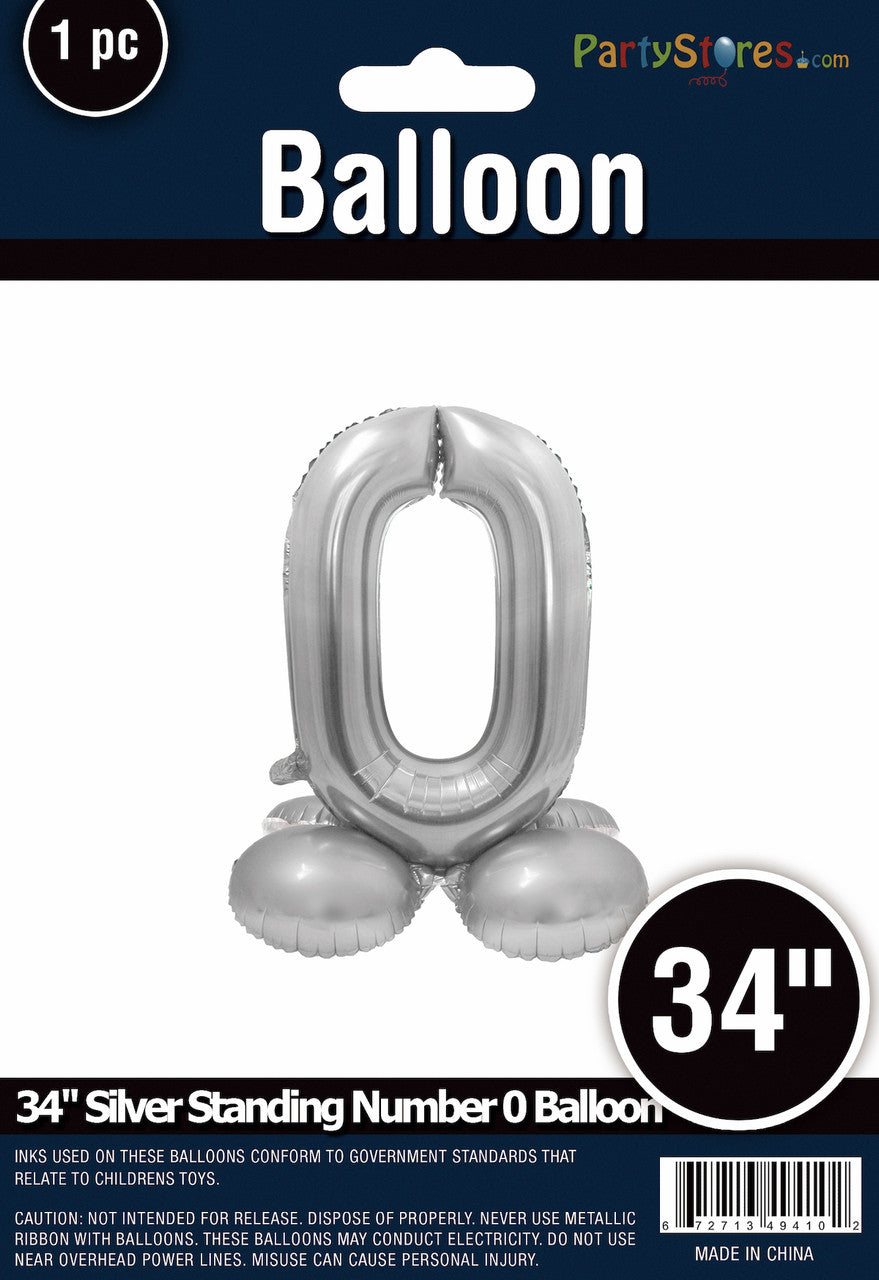34" Silver Standing Number 0 Balloon Air-Fill ONLY
