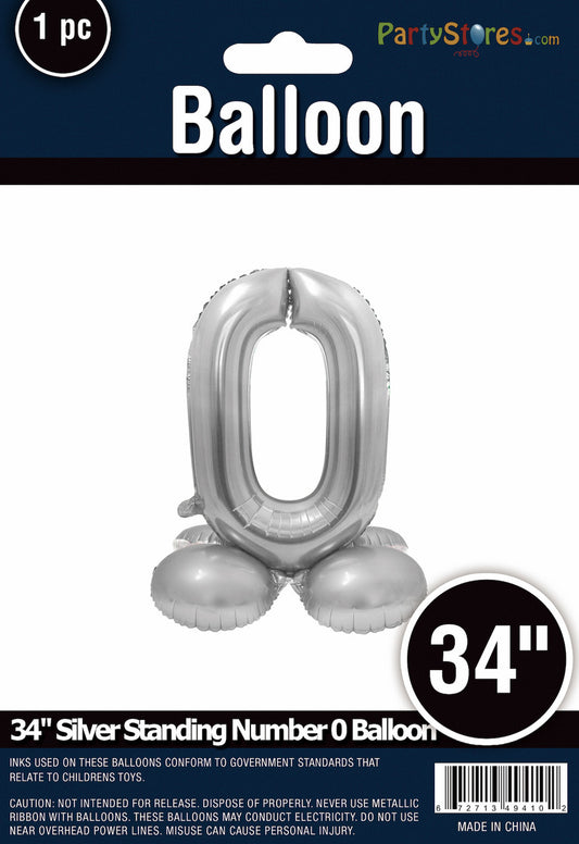 34" Silver Standing Number 0 Balloon Air-Fill ONLY