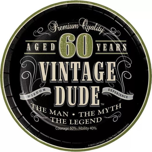 Vintage Dude 60th Birthday 7" Paper Plates The Man Myth Legend 8/CT