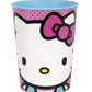 Hello Kitty-themed cup with a pink bow and colorful polka dots on a white background