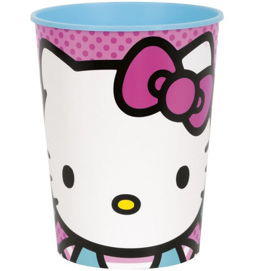 Hello Kitty-themed cup with a pink bow and colorful polka dots on a white background