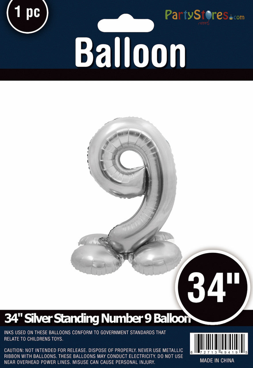 34" Silver Standing Number 9 Balloon Air-Fill ONLY