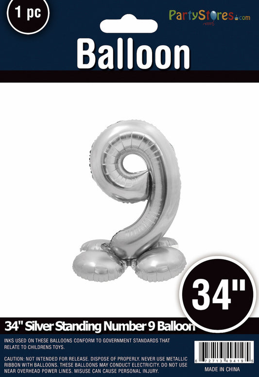 34" Silver Standing Number 9 Balloon Air-Fill ONLY