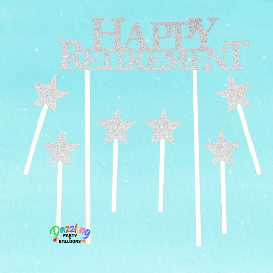 Happy Retirement Silver Glitter Cake Topper 7 PCS