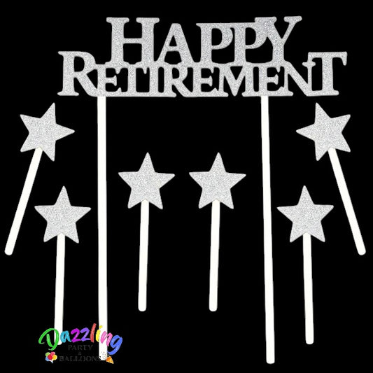Happy Retirement Silver Glitter Cake Topper 7 PCS