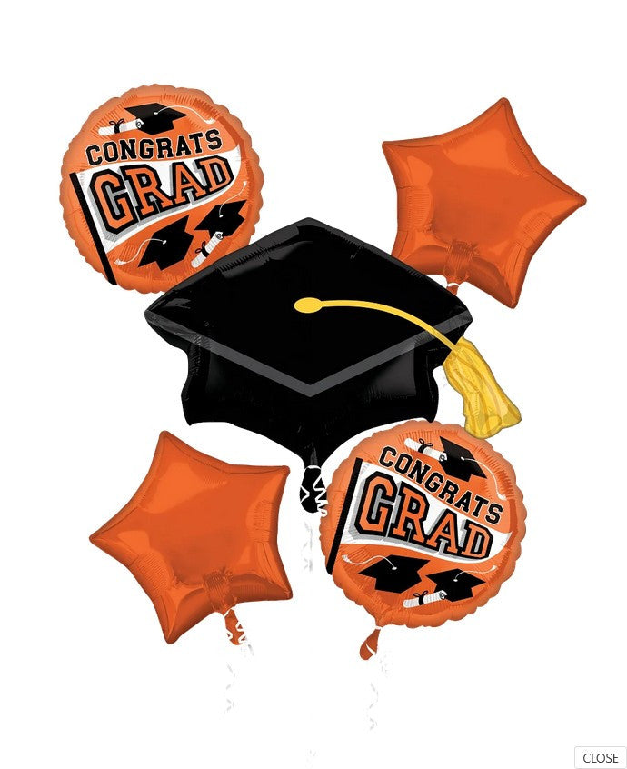 Congrats Grad Orange & Black Balloon Bouquet 5 Foil Balloons Party Decor