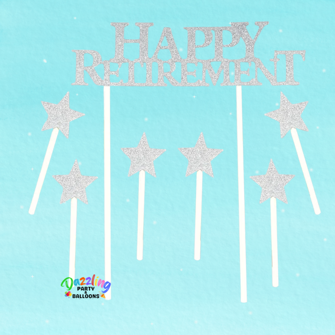 Happy Retirement Silver Glitter Cake Topper 7 PCS
