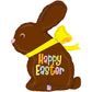 Chocolate bunny balloon with 'Happy Easter' text and yellow bow on a white background