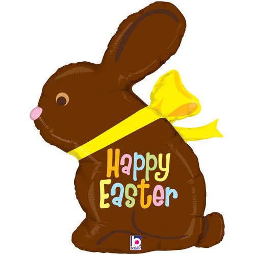 Chocolate bunny balloon with 'Happy Easter' text and yellow bow on a white background