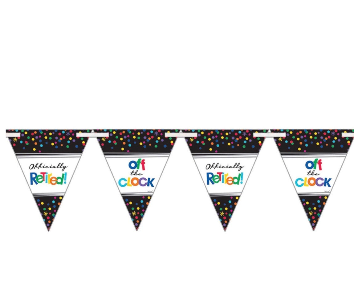 Bunting flags with 'Officially Retired' and 'Off the Clock' text on a white background