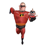 The Incredibles Superhero father holding a baby superhero figure on a white background