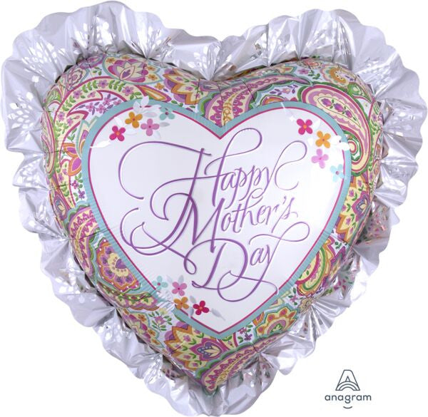 Jumbo Foil Heart Mother's Day Paisley Pattern Frilly Edges Helium