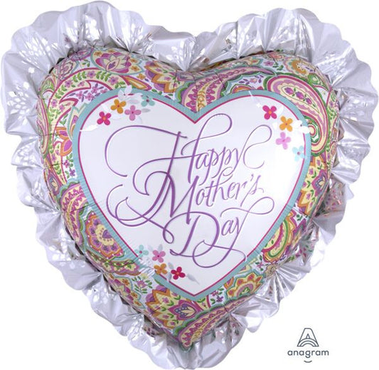 Jumbo Foil Heart Mother's Day Paisley Pattern Frilly Edges Helium