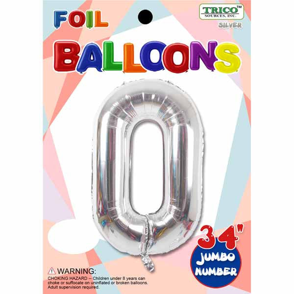 34" Silver Number 0 Supershape Decorative Foil Balloon