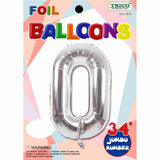 34" Silver Number 0 Supershape Decorative Foil Balloon