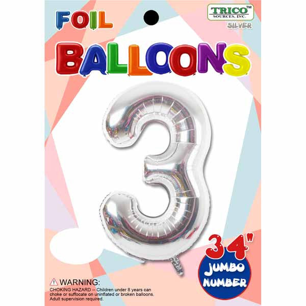 34" Silver Number 3 Supershape Decorative Foil Balloon