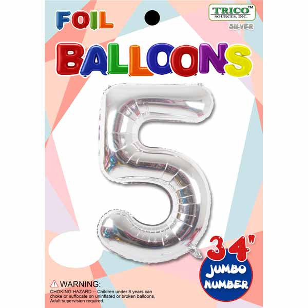 34" Silver Number 5 Supershape Decorative Foil Balloon