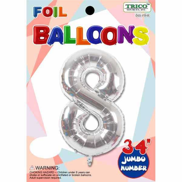 34" Silver Number 8 Supershape Decorative Foil Balloon