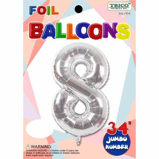 34" Silver Number 8 Supershape Decorative Foil Balloon
