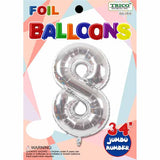 34" Silver Number 8 Supershape Decorative Foil Balloon