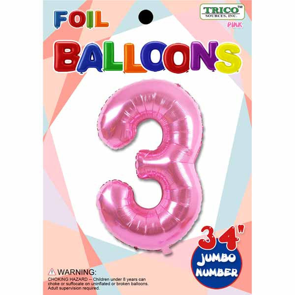 34" Pink Number 3 Supershape Decorative Foil Balloon