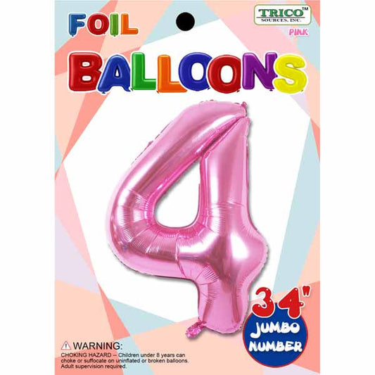 34" Pink Number 4 Supershape Decorative Foil Balloon