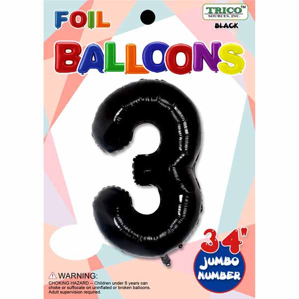 34" Black Number 3 Supershape Decorative Foil Balloon