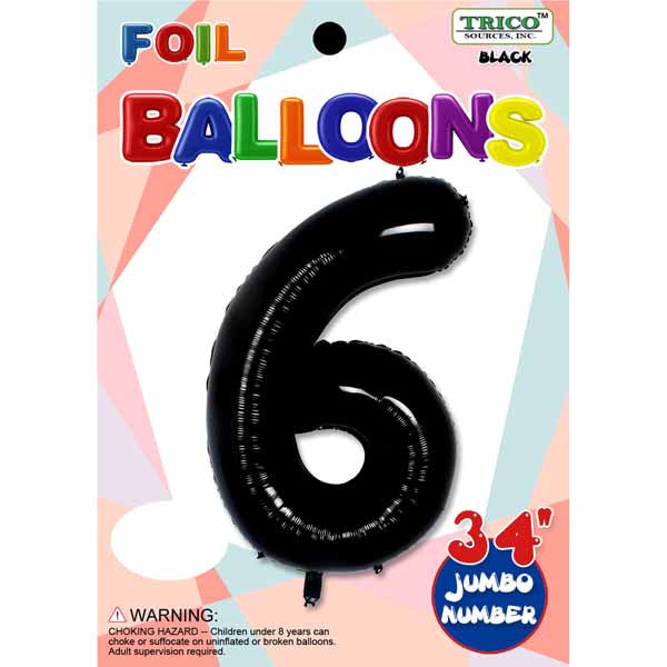 34" Black Number 6 Supershape Decorative Foil Balloon