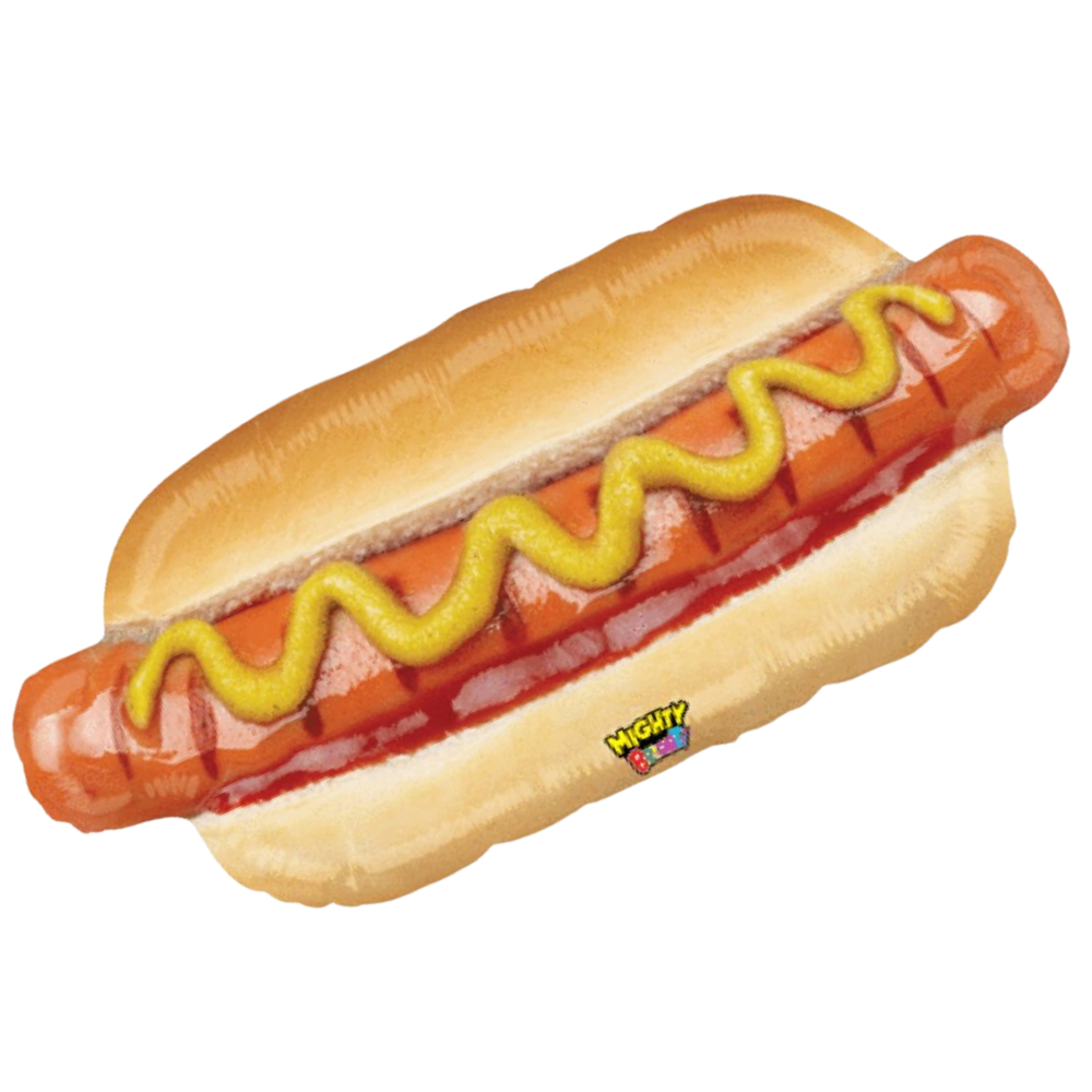 A foil balloon shaped like a hot dog in a bun, with a yellow mustard zigzag and red ketchup detail, on a plain white background. A small 'Nighty Nighty' brand logo is visible near the bottom right of the balloon.