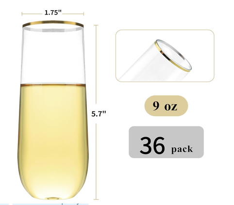 Stemless Champagne Flutes Gold Rim 36 Pack