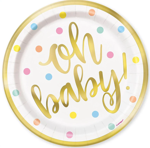 Oh Baby Gold Baby Shower 9" Dinner Plates 8 Pack