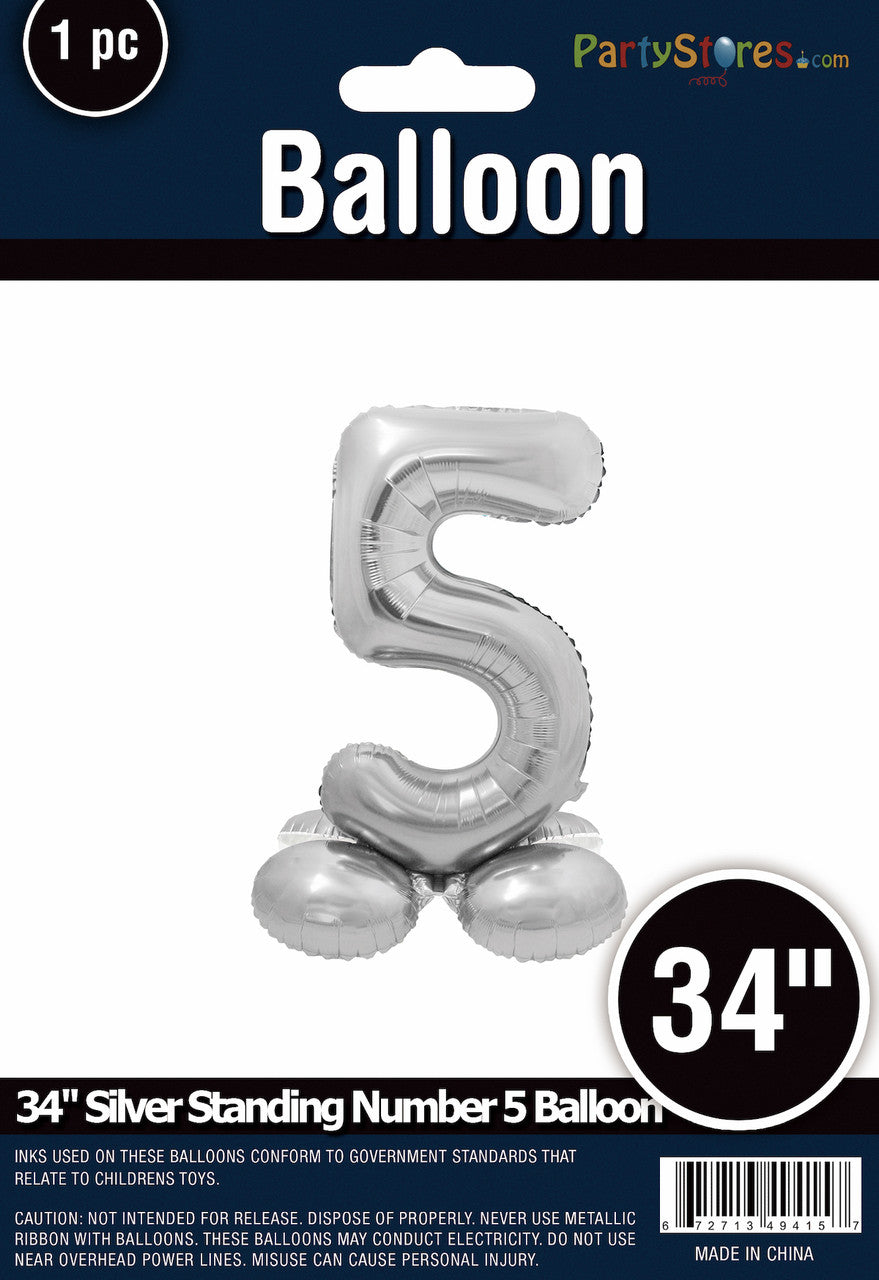 34" Silver Standing Number 5 Balloon Air-Fill ONLY