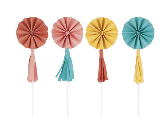 Mini Paper Fan Cake Toppers with Tassels 8/CT