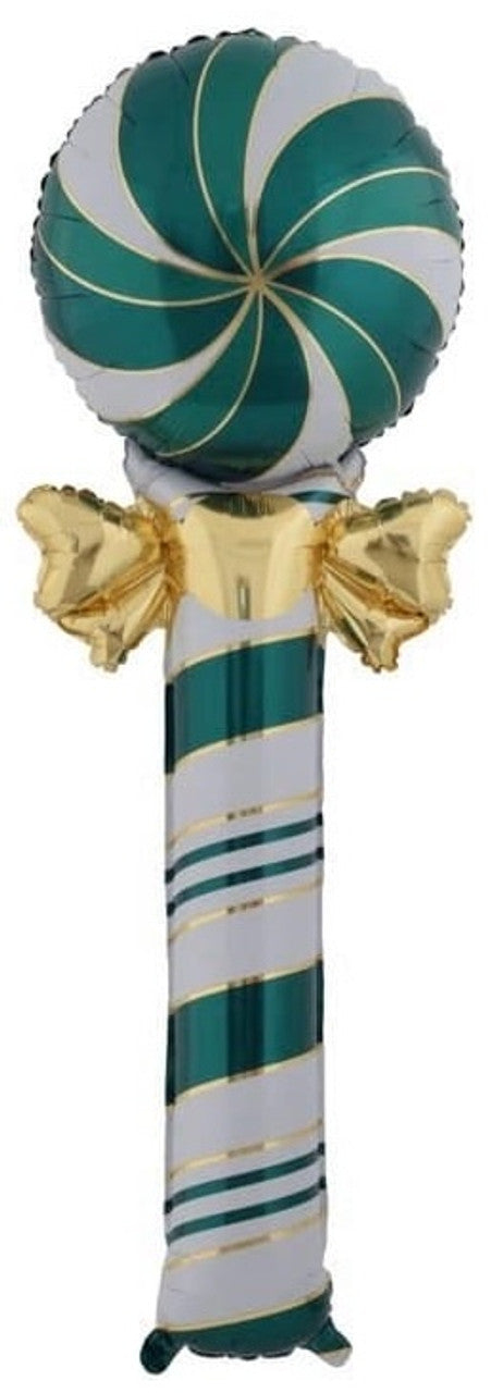 51" Candy Lollipop Holiday Dark Green & Gold Swirls Foil Balloon
