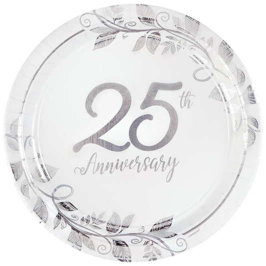 Happy 25th Anniversary 10 1/2" Round Metallic Plates 8/CT