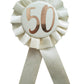 50th Birthday Metallic Rose Gold & Ivory Rosette Party Badge Ribbon B-Day