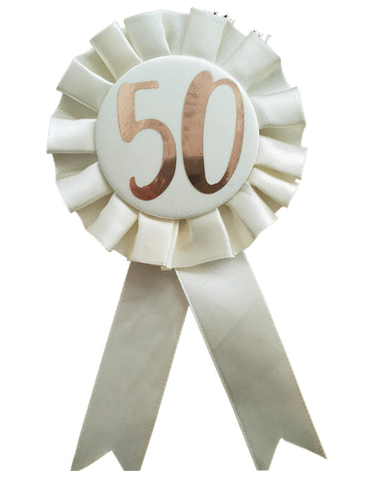 50th Birthday Metallic Rose Gold & Ivory Rosette Party Badge Ribbon B-Day