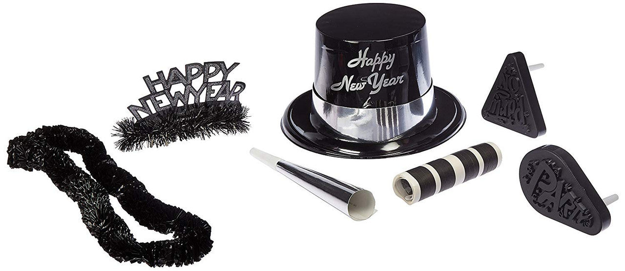 Silver Black Legacy Happy New Year Party Supply Kit Hats Tiaras Horns Leis 10ppl
