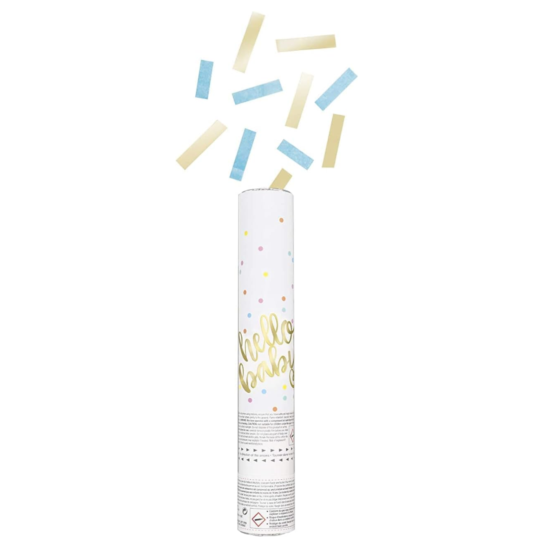 Blue and Gold Confetti Cannon Gender Reveal